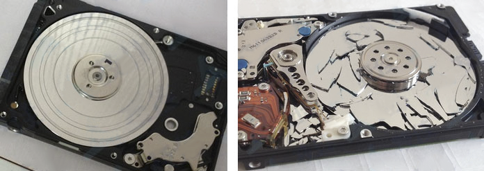 碟片划伤的硬盘(左)和碟片破碎的硬盘(右)